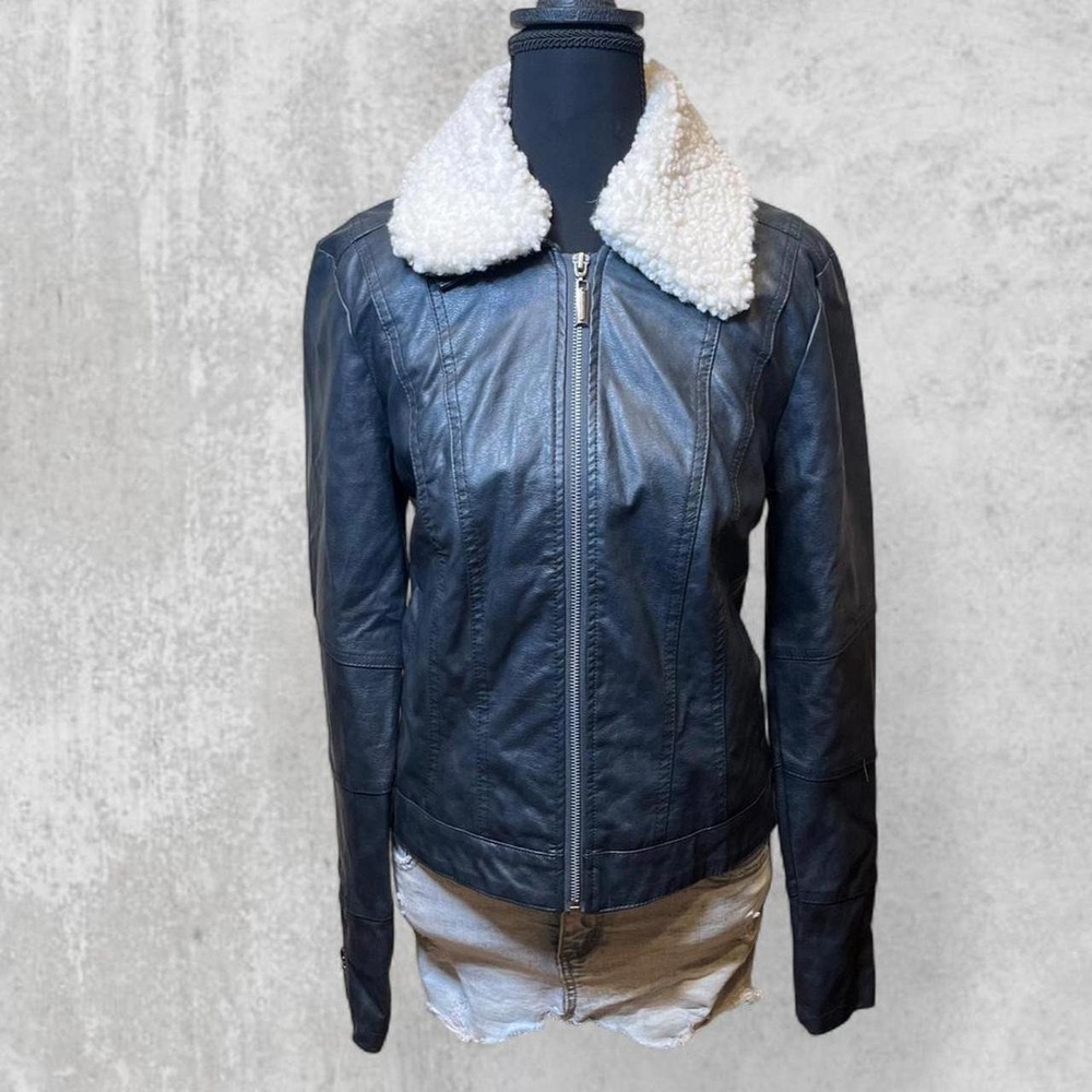 Joujou Womens Vegan Leather Faux Fur Sherpa Collar Moto Jacket Black Size M NEW